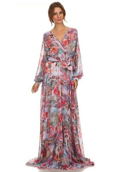 Floral maxi dress with V-neck, long sleeves, tie waist, flowing skirt