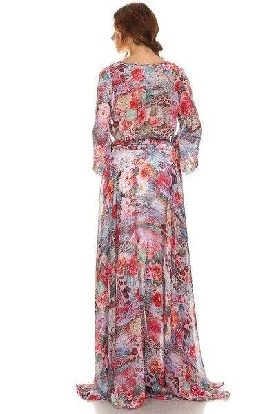 Floral maxi dress back view with wide belt tie and long sheer sleeves