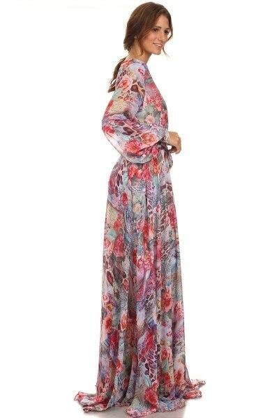 Floral maxi dress, V-neck with tie waist and long sleeves; side profile
