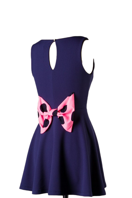Navy sleeveless dress with back keyhole and pink bow waist detail