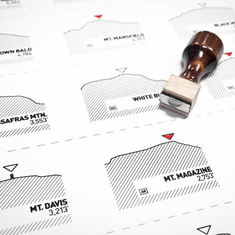 Highpoints register print with striped mountain outlines, place labels, and red/gray pins