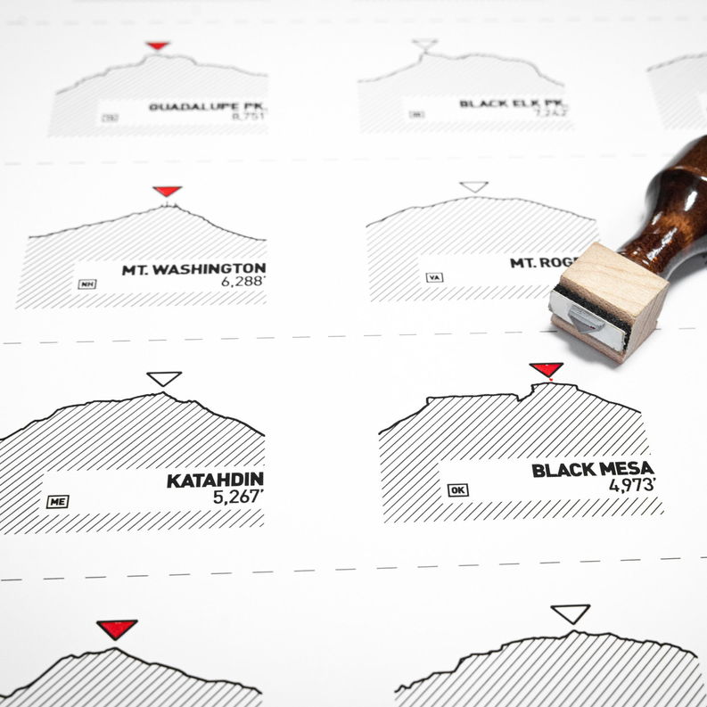 Highpoints register print detail with brown stamp on white map near mountain labels