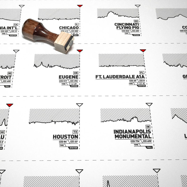 Marathon route register print grid with multiple state-shaped map stamps and labels.
