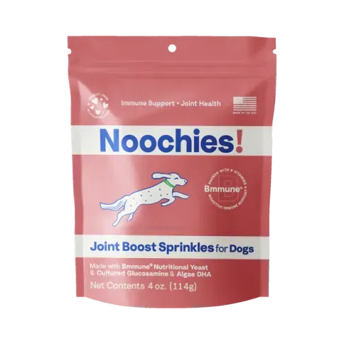 Joint Boost Sprinkles for Dogs supplement pouch, pink package with dog graphic