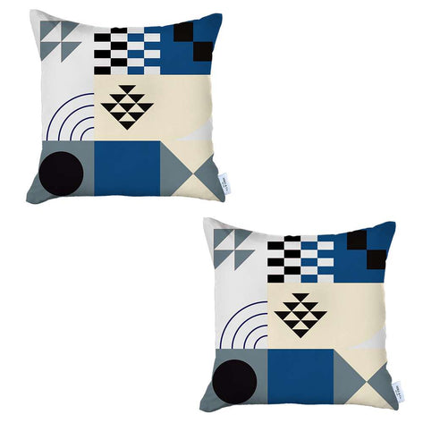 Two geometric printed throw pillow covers, cream and blue shapes with small tags