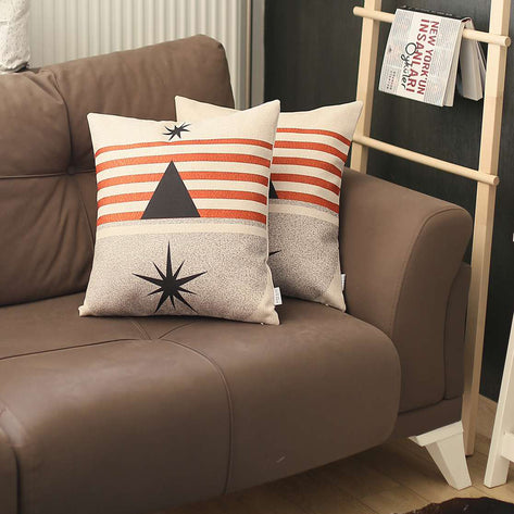 Boho printed jacquard throw pillow cover, orange white stripes with black triangle and star