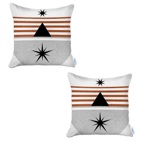 Set of two boho jacquard pillow covers, orange white stripes, black triangle and starburst