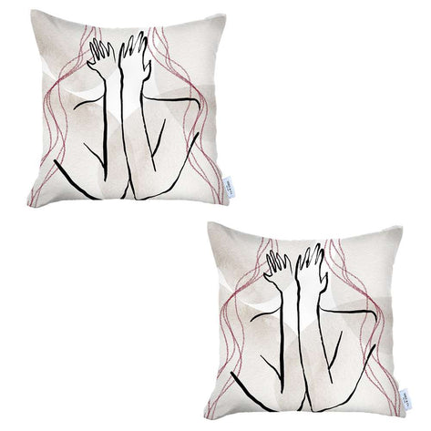 Printed throw pillow covers, white with black and red line-art faces (set of 2)