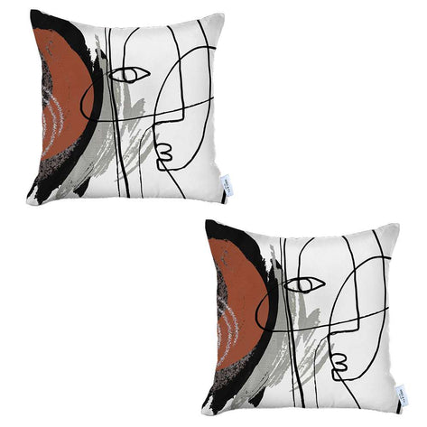 Abstract face printed pillow covers with line art, white, black, orange, set of 2