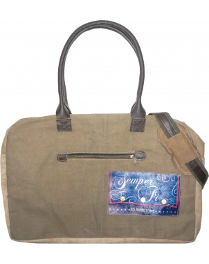 Canvas duffel travel bag with stitched handles, front zipper, and Semper Fi flag patch