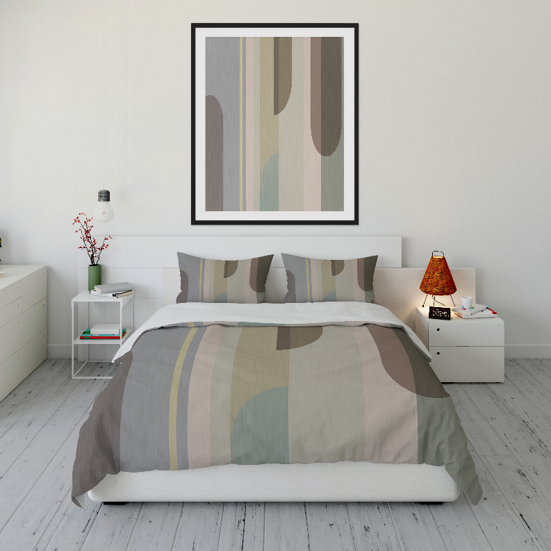 Comforter set with duvet and pillowcases featuring abstract vertical stripes in beige, gray, teal