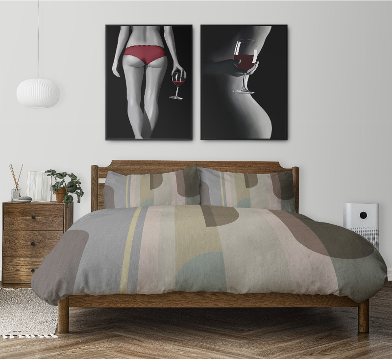 Geometric comforter set with curved blocks and vertical stripes in gray, beige, and teal