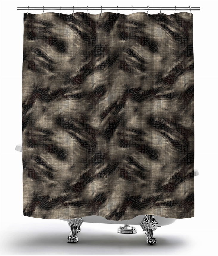 Shower curtain panel with dark abstract pattern and metal grommet rings