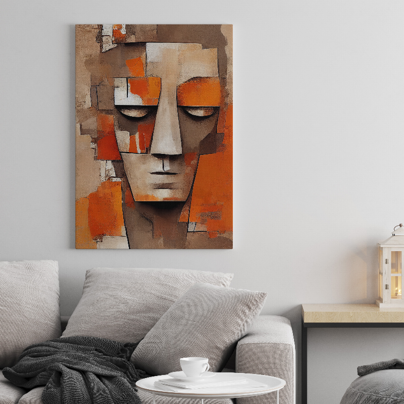 Framed abstract portrait art print in orange, white, and warm brown