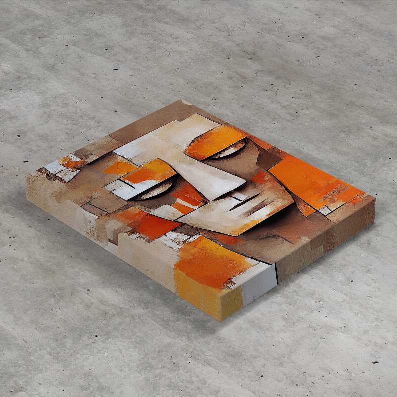 Stone abstract art print with tilted face design, orange, white, and brown