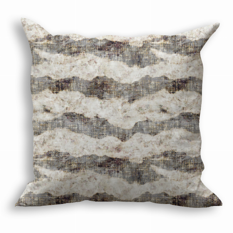 Textured throw pillow cover, multi-tone white and gray with dark abstract pattern.