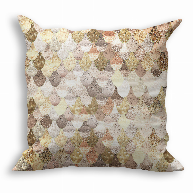 Square multicolor patterned throw pillow with gold, gray, and tan teardrop fan design