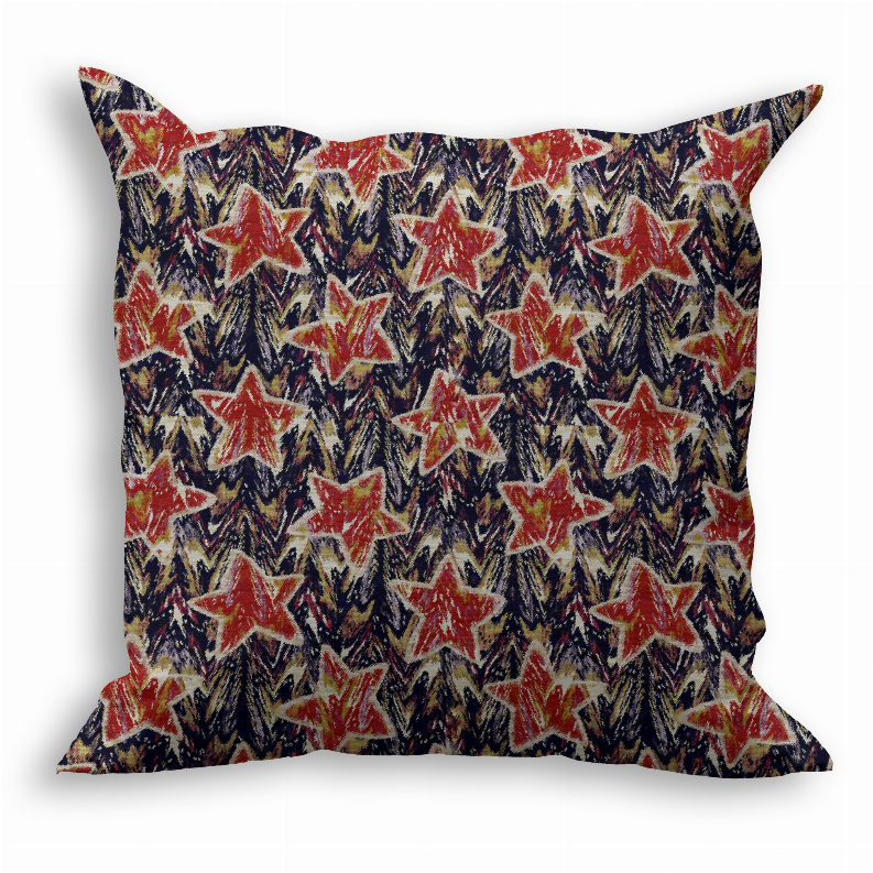 Front-facing square throw pillow with multicolor red, blue star pattern on dark fabric