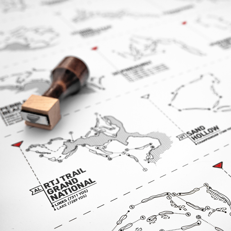 Golf register map print with course label “GRAND TRAIL GRAND NATIONAL” and route diagram