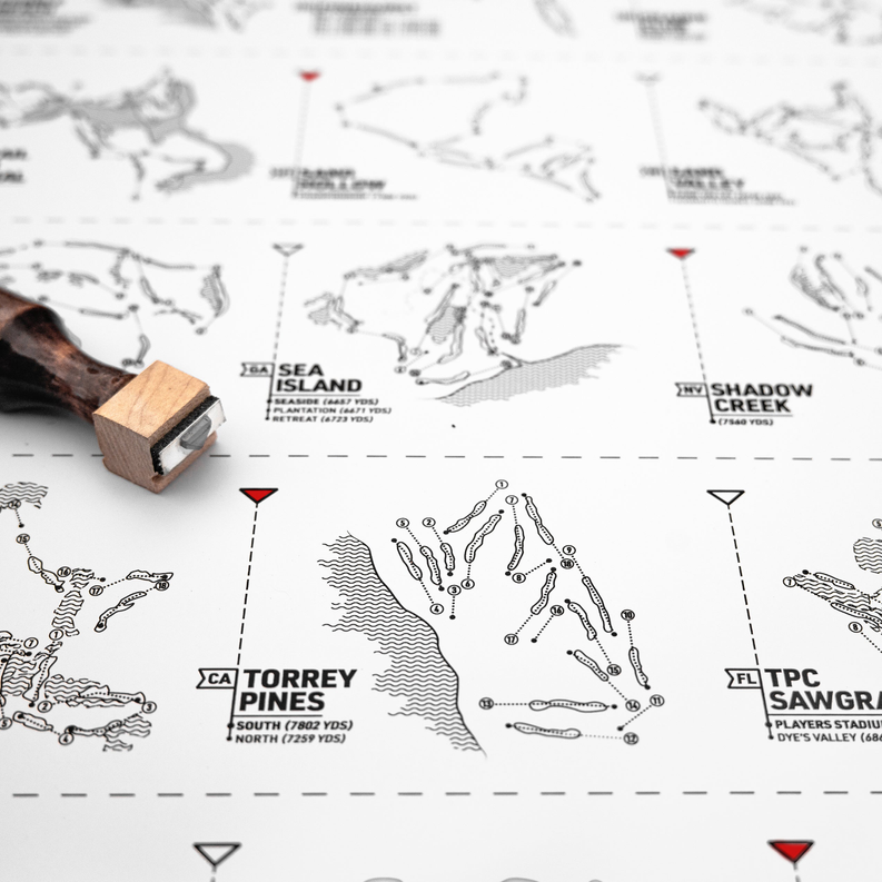 Golf register map print sheet with course route lines and red/black location markers