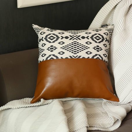 Throw pillow cover with brown faux leather-look and black-and-white geometric front