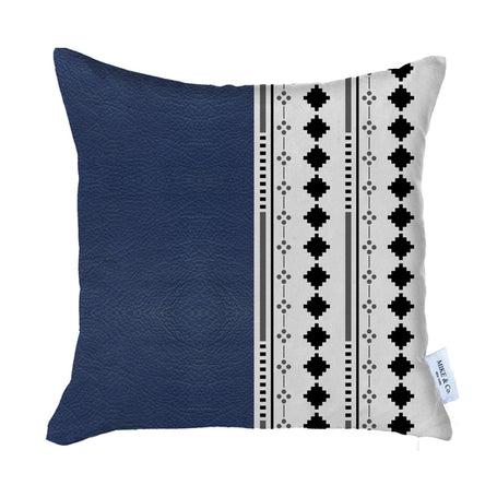 Faux leather pillow cover with dark blue half and white patterned panel; label at lower right