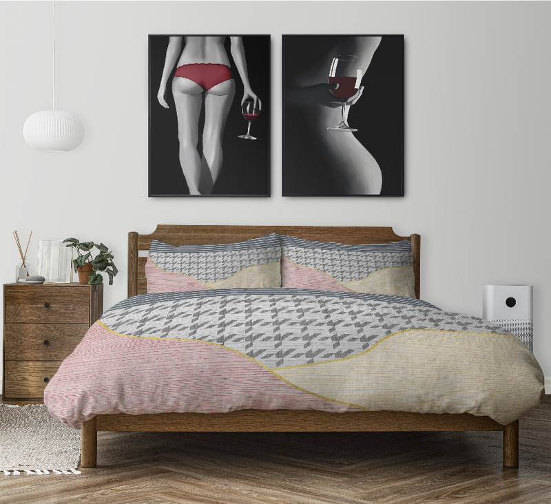 Duvet cover set with gray houndstooth pattern, pink and yellow curved panel print, two cases