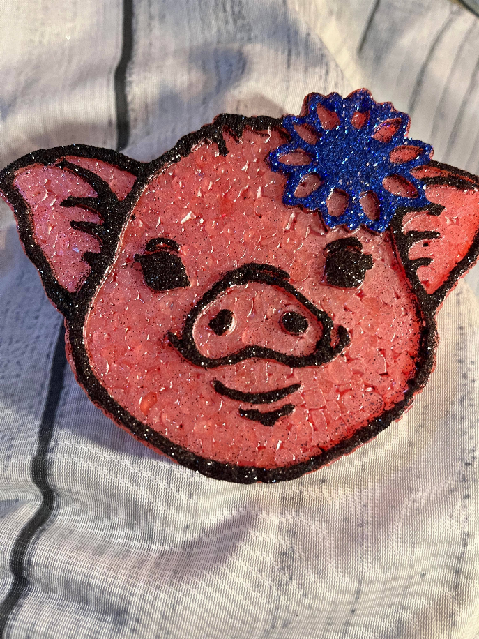 Piggy glitter pig face patch with blue flower accent