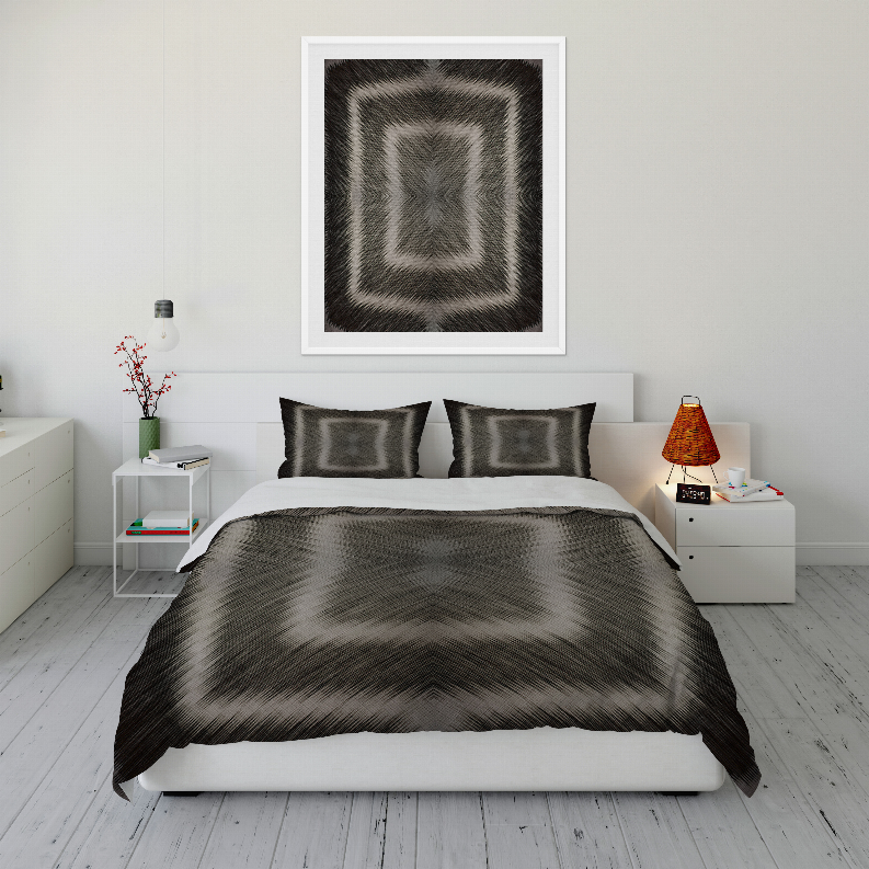 Duvet cover set with dark gray abstract swirl pattern and two square pillow shams
