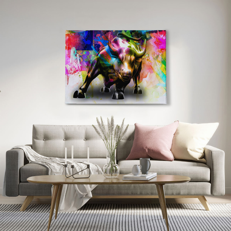 Vibrant abstract bull art print with red, blue, green splashes, light frame
