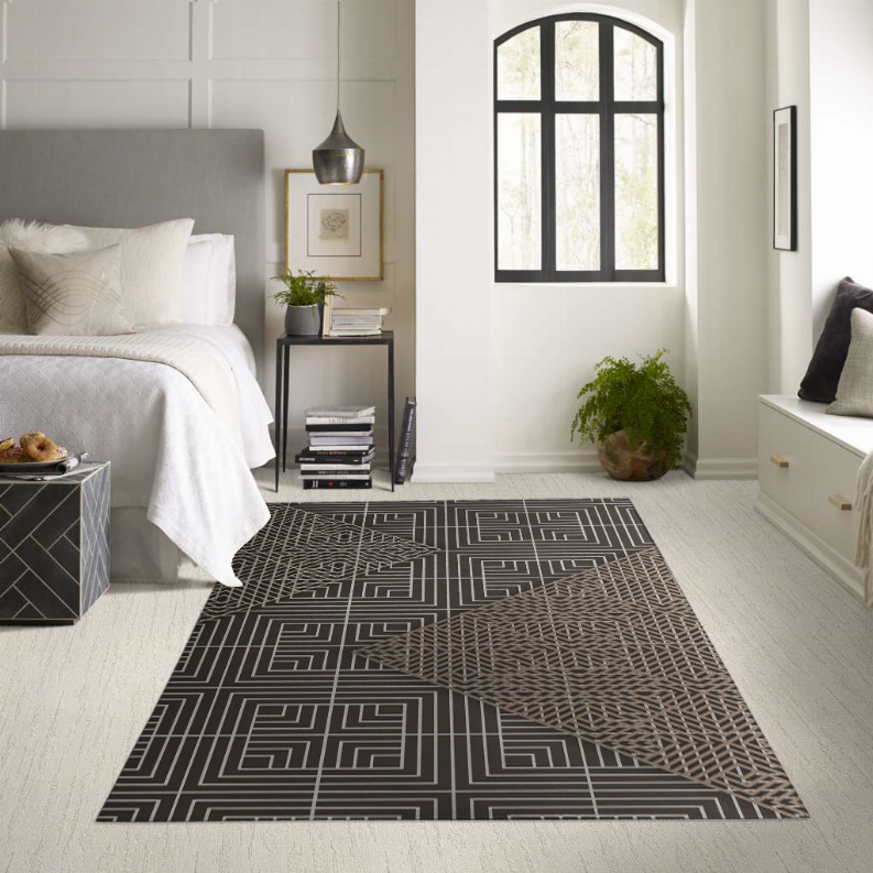 Low pile carpet with black and light gray geometric lines, rectangular