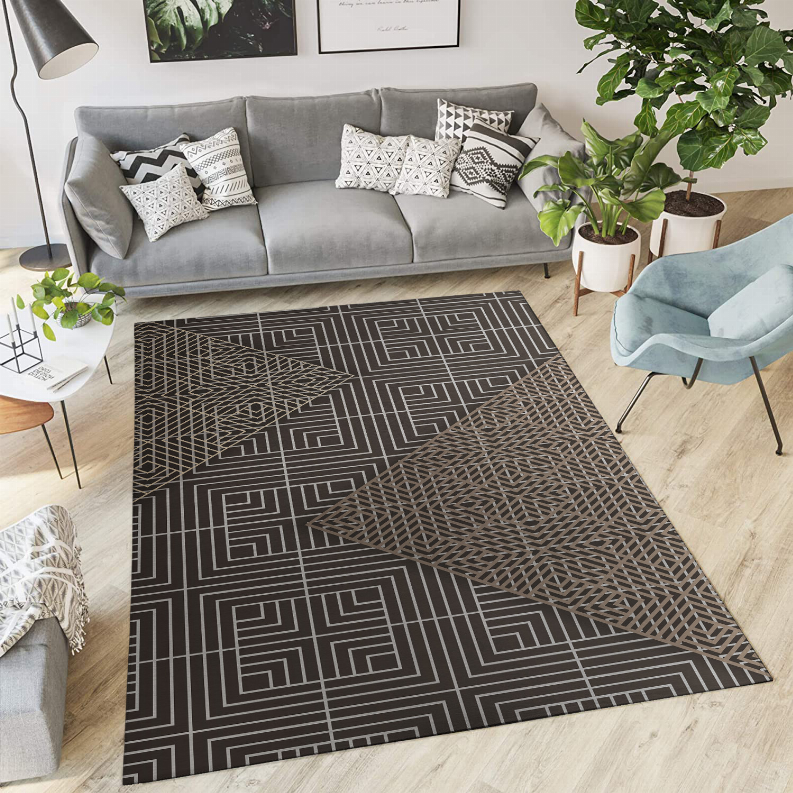 Low pile carpet with dark gray geometric maze pattern and light gray lines, rectangular