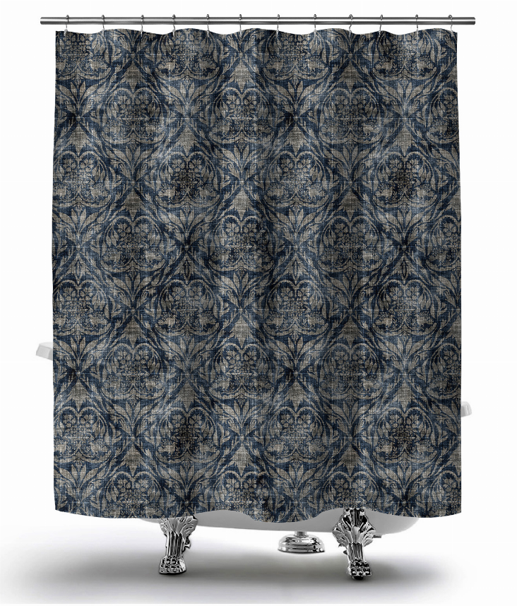 Navy-blue damask shower curtain with geometric circular ornament pattern
