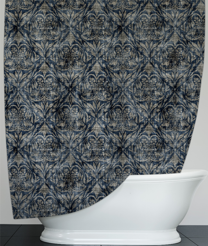 Blue patterned shower curtain with repeating damask medallions
