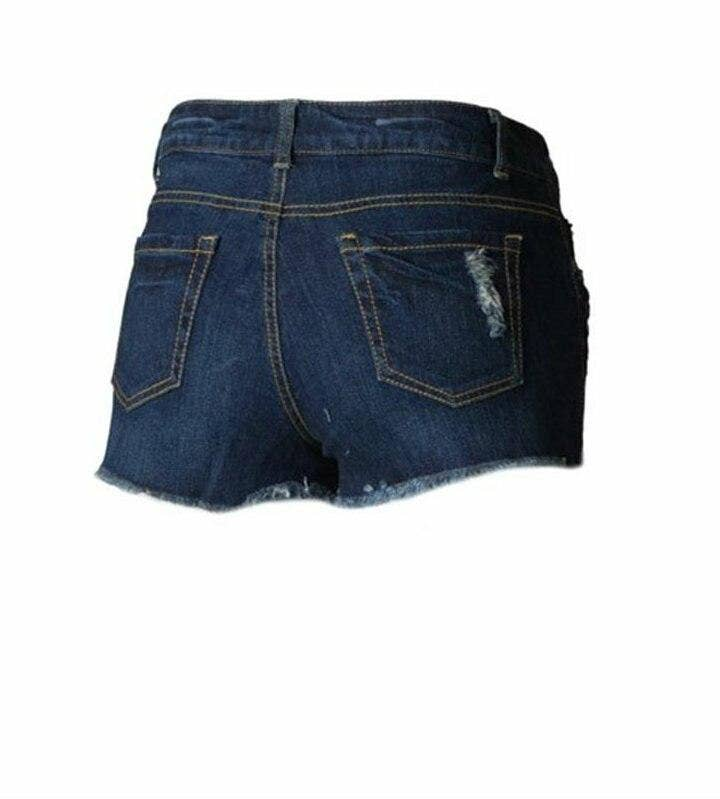 Distressed denim shorts in dark blue with rolled hem, back pockets, and knee rip detail