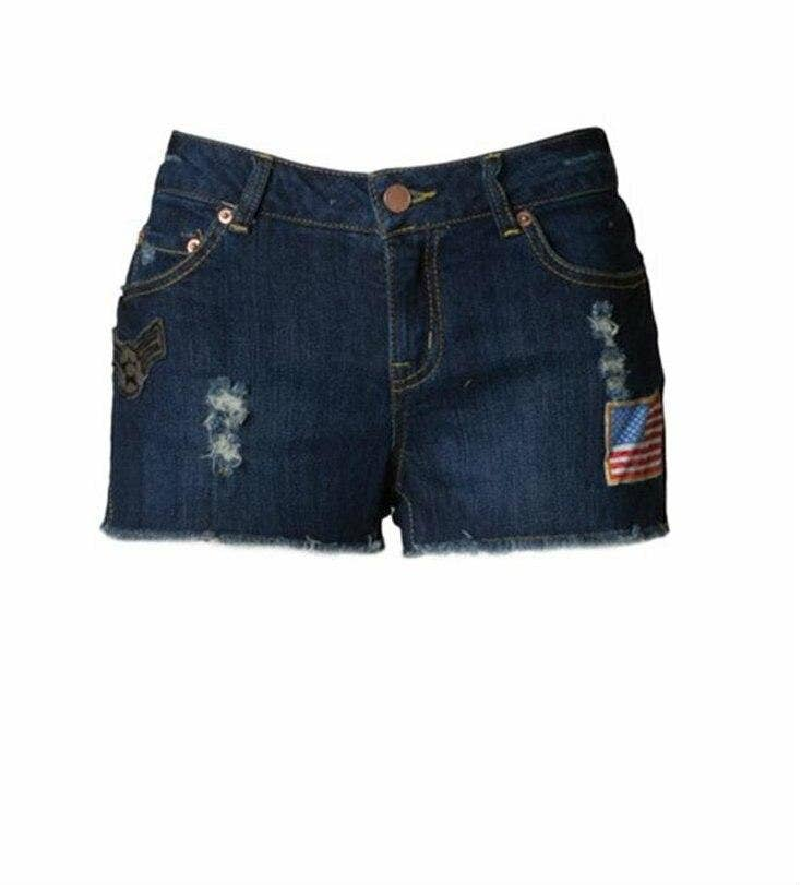 Distressed dark blue denim shorts with front patch, embroidery, and American flag side patch