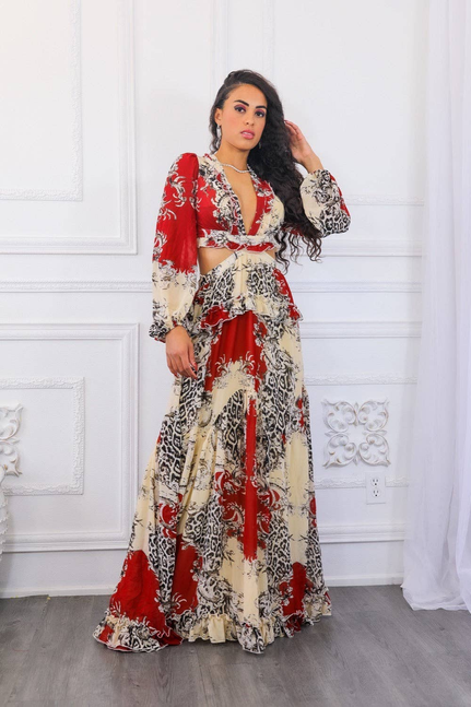 Maxi dress with V-neckline and tiered ruffles, red and cream patterned print, long sleeves