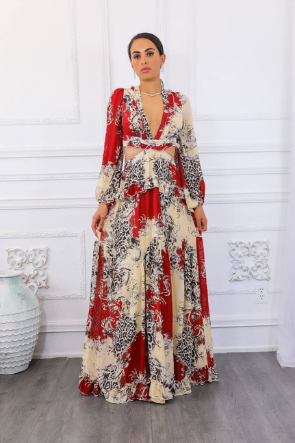 Full-length maxi dress with ruffled hem and lace-up back cutout, red cream black floral.