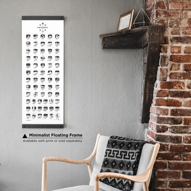 Black floating frame with white panel of small landscape thumbnail photos