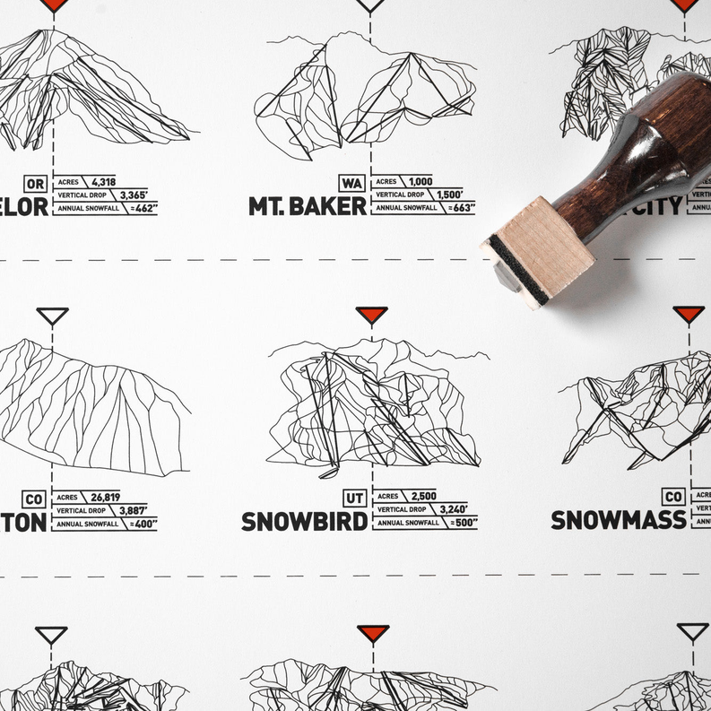 Ski register print with black line mountain and trail map illustrations on white