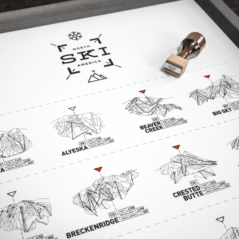Ski register print with black trail labels and route lines inside a dark frame corner