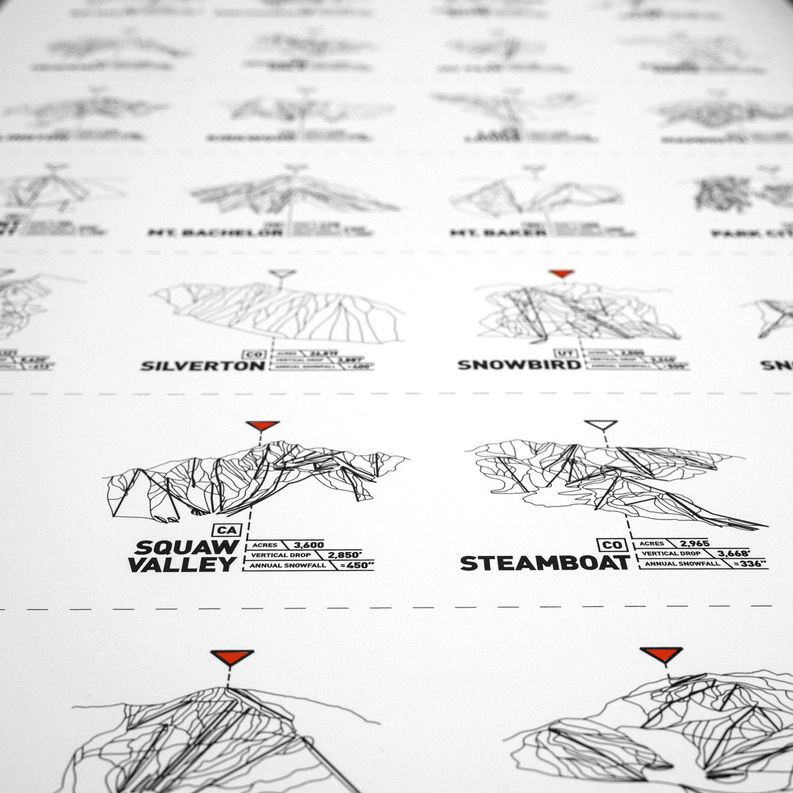 Ski register print detail with multiple black trail route labels and line drawings
