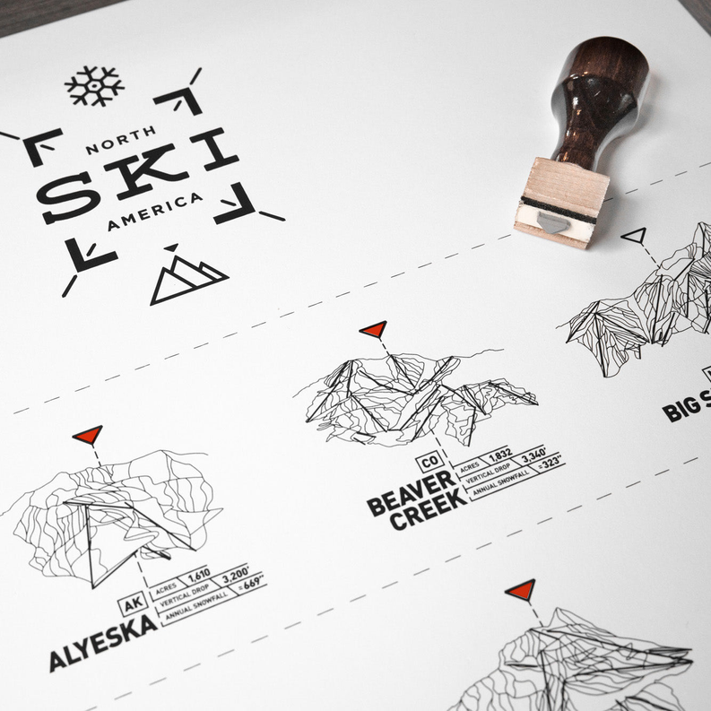 Ski register print with North America logo, trail lines, and mountain illustrations