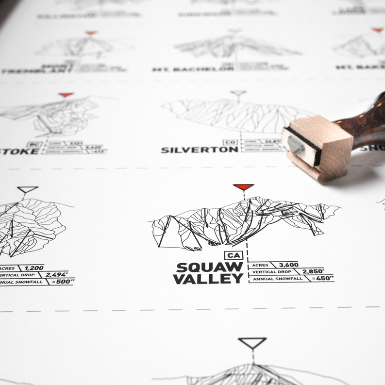 Close-up of ski register print with black trail names and route lines on white