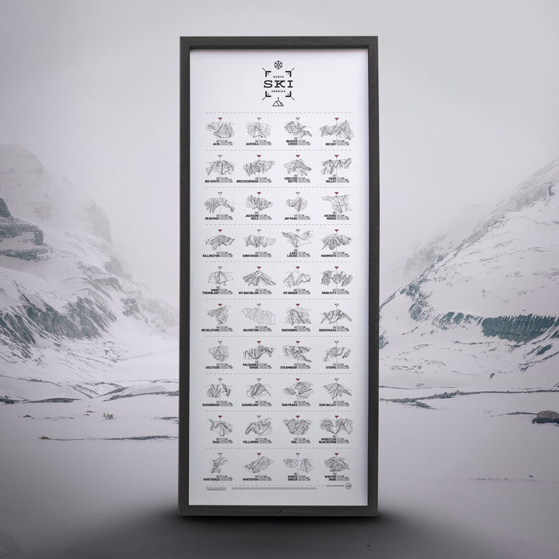 Framed ski register print featuring black-and-white trail map illustrations on white