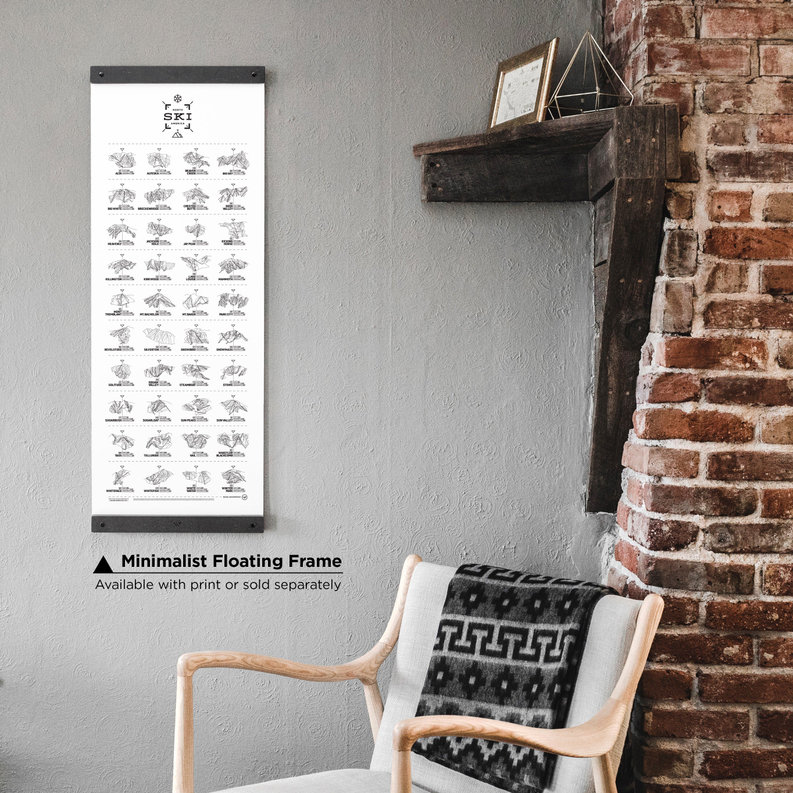 Minimialist floating framed ski register wall print with black trail illustration