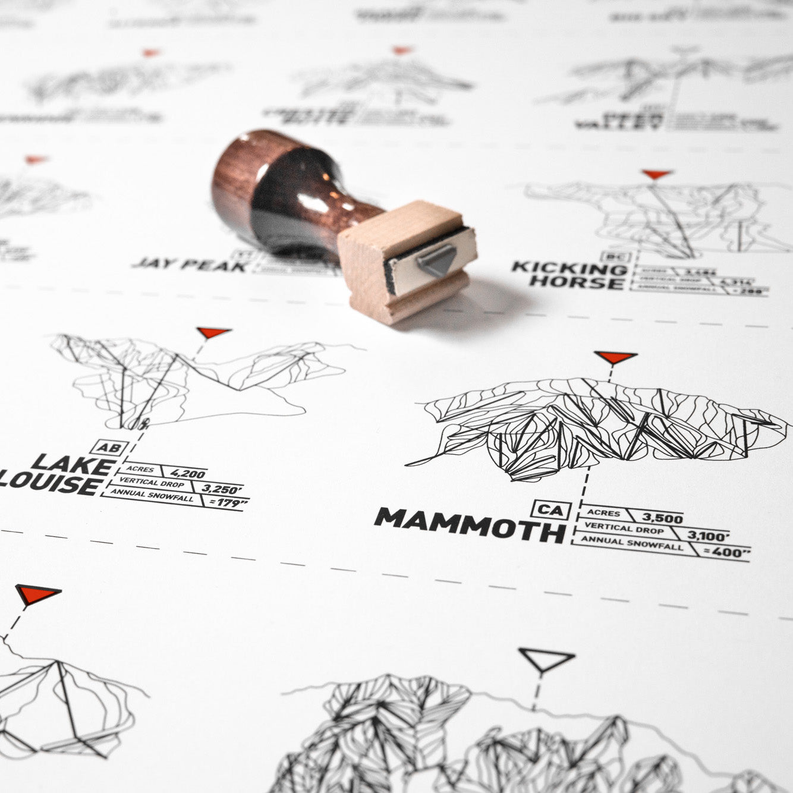 Ski register print sheet with stamp tool marking over line-drawn trail map