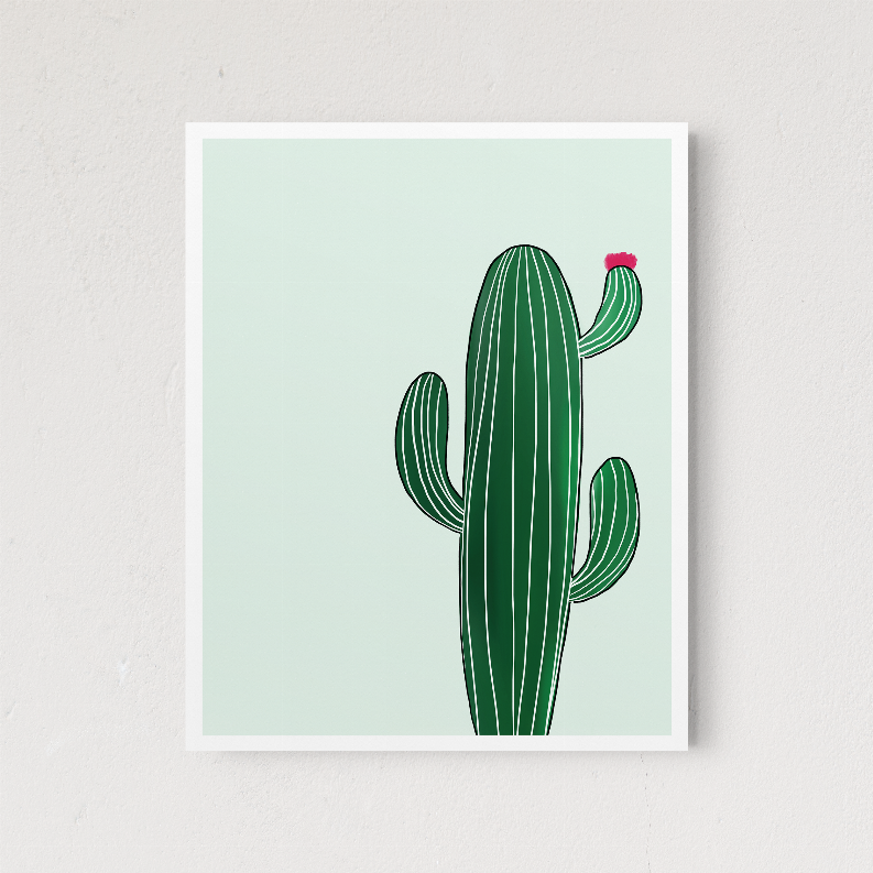 Framed cactus print featuring a green striped cactus with small pink flower tip