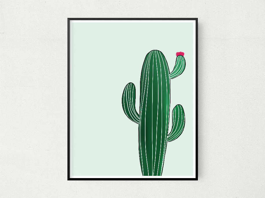 Framed cactus wall art print with green striped cactus and pink bud