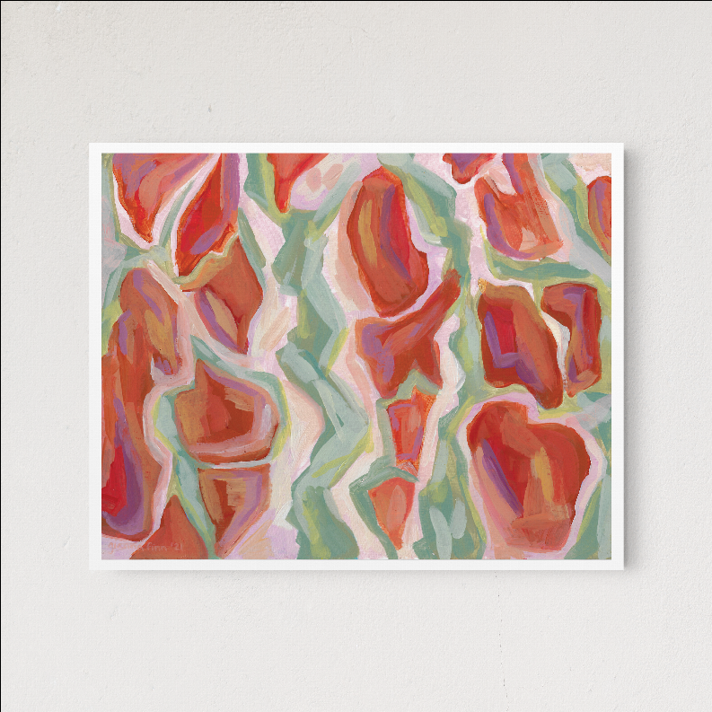 Wood-framed abstract wall art print with vivid red and orange petal-like forms on teal